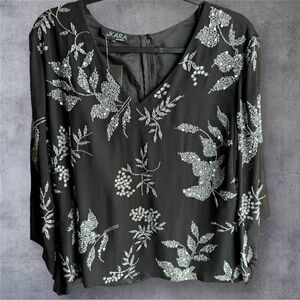 JKARA Black/Luster Grey Beaded Top - NWT